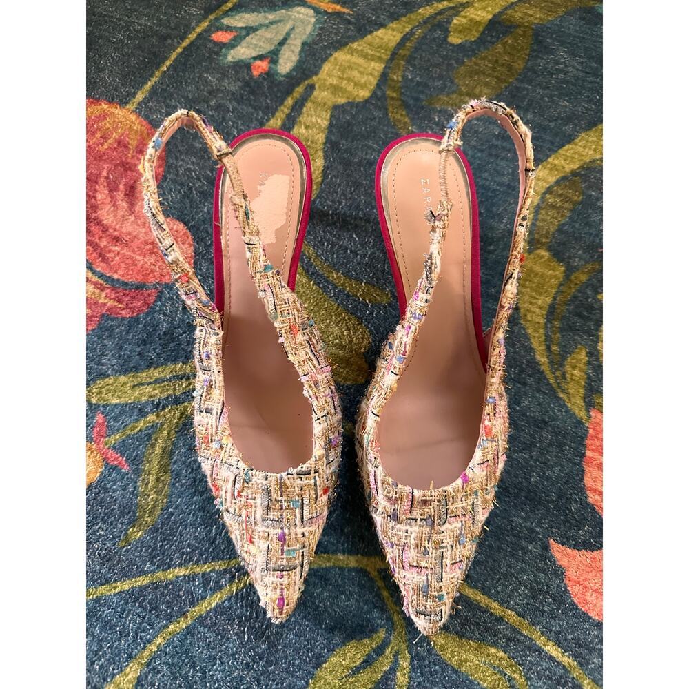 Zara Tweed Pointed Toe Slingback Heels Size 37 - Picture 6 of 10